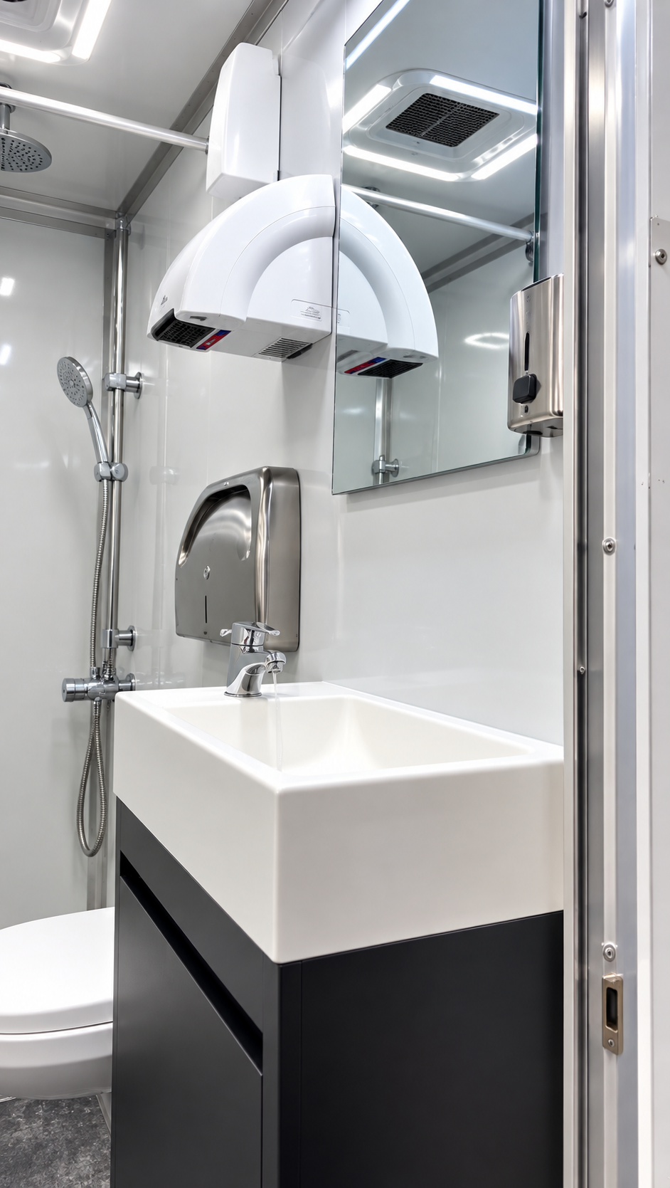 Approved six-stall shower and restroom combination vanity