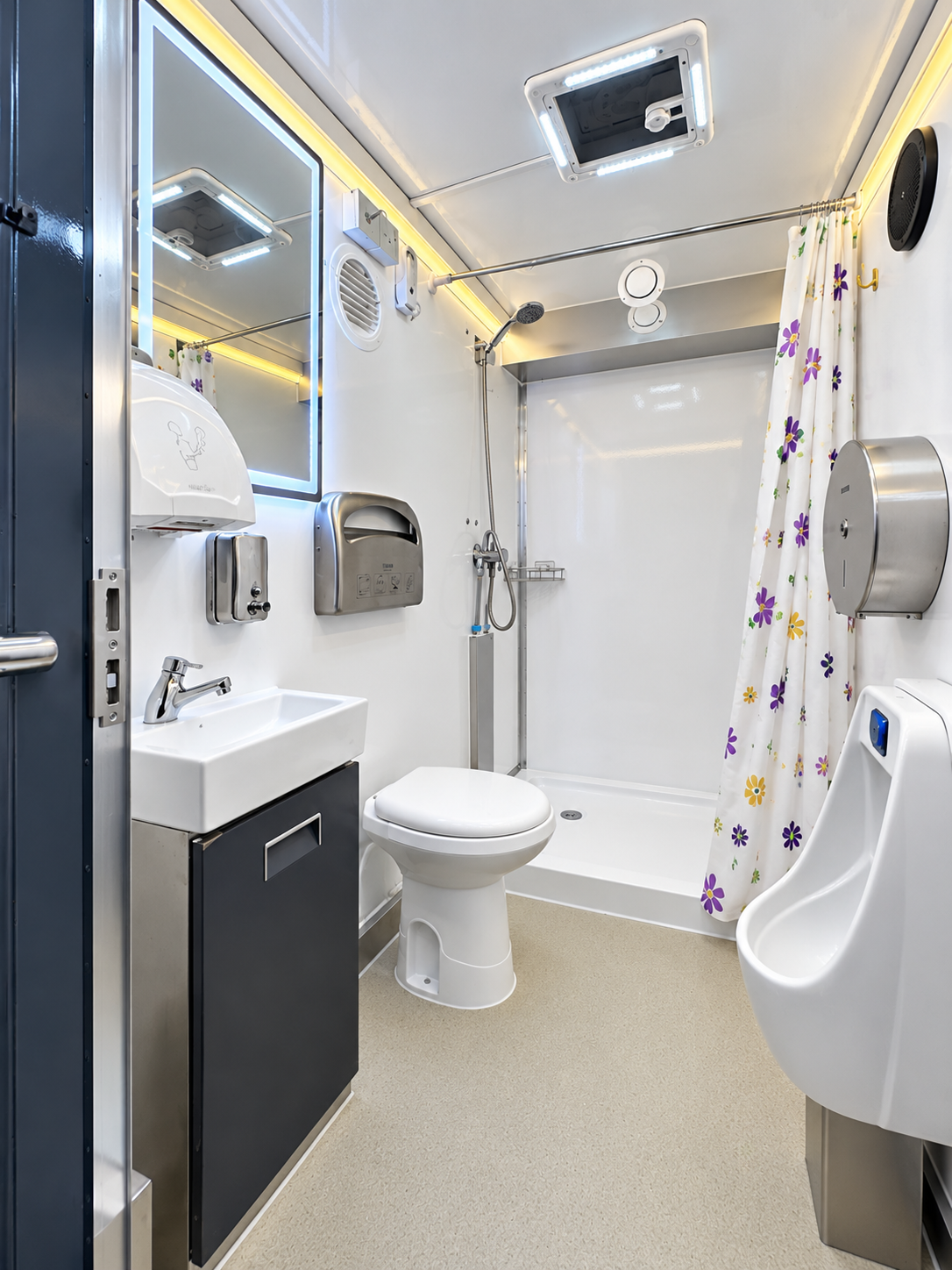 Approved three-stall plus ADA shower and restroom bathroom interior