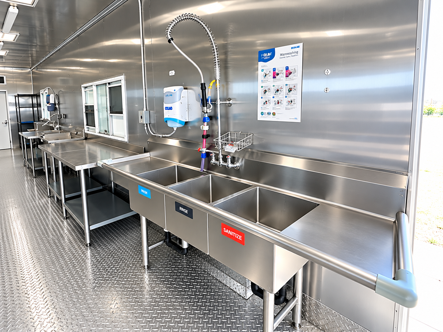 Approved 38 ft high-temperature conveyor dishwashing trailer interior