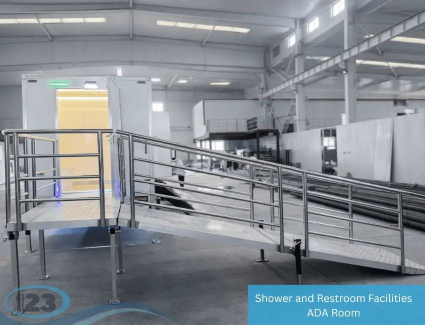 Mobile shower and restroom trailer with stainless steel ADA-accessible ramp and handrails for wheelchair access